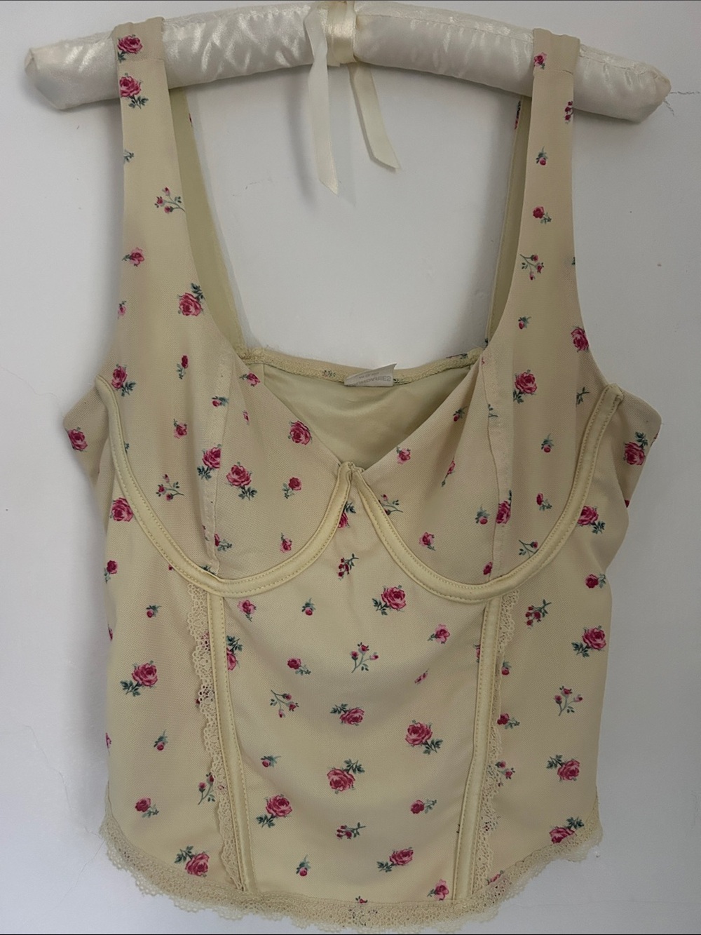Cream Floral Crop Top with Pink Rose Print